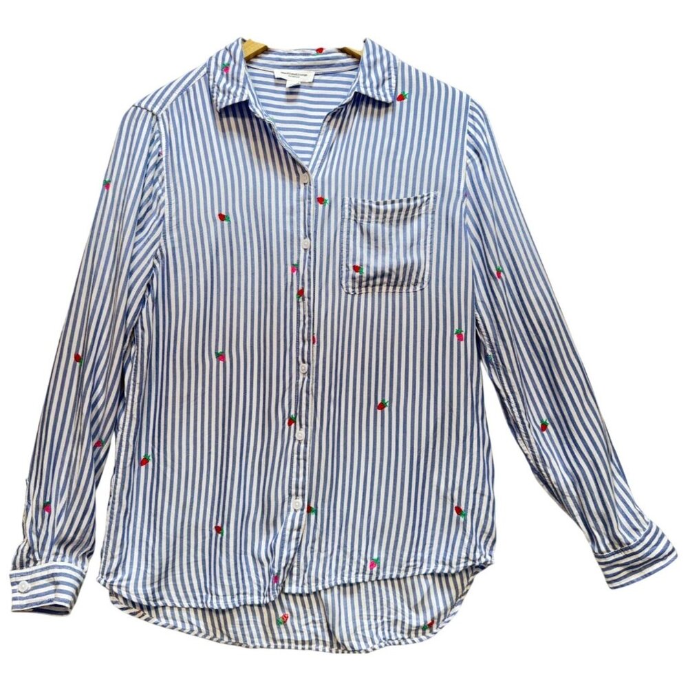 Beach Lunch Lounge Women's Cottagecore Strawberry Shirt Size S Blue Stripe
